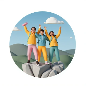 A group of four hikers is standing on a rocky mountain peak, celebrating their achievement. Each hiker is wearing vibrant outdoor clothing, including bright jackets, durable pants, and sturdy hiking boots. They are all smiling widely, with their arms raised in excitement. Two of the hikers are holding water bottles high above their heads, while another is taking a selfie with a smartphone. The landscape behind them features rolling hills and a clear blue sky, with a few fluffy white clouds scattered above.