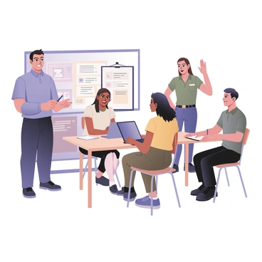 A digital flat illustration depicting a group of five transport company employees in a training room. In the center, there is a male trainer with light skin and short brown hair wearing a blue shirt and dark blue trousers, standing beside a whiteboard with safety guidelines written on it. To the right, a woman with dark skin and curly black hair is sitting at a table, taking notes on a notepad. She is wearing a bright yellow top and black pants. Next to her, a man with medium skin and short black hair is using a laptop, dressed in a gray polo shirt and khaki pants. On the left side, another employee with light skin and long brown hair is raising her hand to ask a question, wearing a white blouse and blue jeans. A fifth employee with medium skin and a buzz cut is sitting in the back, observing the session with a focused expression, dressed in a green t-shirt and black shorts. The training room has a large window allowing natural light in, and there are safety posters on the walls.