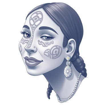 A face with intricate traditional cultural symbols and jewelry. The face features distinct facial markings or tattoos representing cultural heritage. Various pieces of jewelry, including earrings, nose rings, and necklaces, are elegantly displayed. The expressions on the face convey a sense of pride and connection to cultural roots. The background includes subtle hints of cultural motifs or patterns that further enhance the traditional theme.