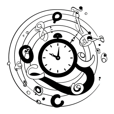 A large clock with ornate hands and detailed Roman numerals is positioned at the center. Around the clock, swirling ribbons and spirals of abstract shapes are depicted, suggesting the concept of bending time. The spirals are intertwined with various iconic symbols of time, such as hourglasses and gears. The background features a series of concentric circles emphasizing movement around the clock, enhancing the dynamic feel of time in flux.