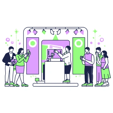 A product launch event is taking place in a spacious hall filled with guests. The central focus is a sleek, modern product displayed on a pedestal, surrounded by colorful banners featuring its logo. Groups of guests are gathered around, engaging in demonstrations of the product, with some holding the item and examining it closely. A few attendees are capturing moments on their smartphones, smiling as they take photos. Tables scattered throughout the area hold refreshments and promotional materials. Bright lights illuminate the scene, creating an energetic atmosphere.