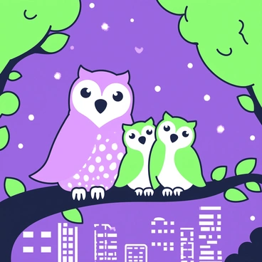 A family of owls is perched on a sturdy branch of a tree. The largest owl, a parent, is looking around with wide eyes, clearly confused. Next to it, two smaller owls, possibly siblings, are huddled close together, their heads tilted in curiosity. The branch is surrounded by a few scattered leaves. In the background, the lights of a nearby city are bright and numerous, creating a stark contrast to the dark silhouettes of the owls. The city lights sparkle in a chaotic array, and the night sky is illuminated by the glow. The setting is tranquil, with the trees framing the scene and the owls appearing alert and bewildered by the unexpected brightness.