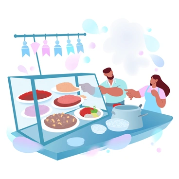 A Thai street food stall is filled with activity and vibrant colors. Various "moo deng" dishes are displayed prominently in a large glass case, showcasing their glazed appearance. A vendor, wearing an apron, is serving dishes to a customer who is excitedly pointing at the food. The background features hanging strings of lights and colorful banners, enhancing the lively atmosphere. Steam rises from a pot of freshly cooked rice nearby, and a small table is set with a selection of dipping sauces in bowls.