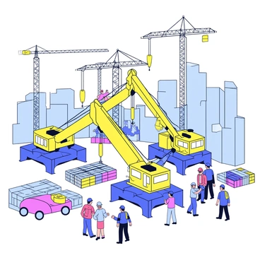 A busy construction site filled with various equipment and materials. In the center, two large cranes are intertwined, their long arms crossed in a tangled configuration. The cranes are painted bright yellow, and their hooks dangle down, unable to lift anything due to the entanglement. Surrounding the cranes are workers in hard hats, discussing the situation. Scaffolding towers rise in the background, and piles of bricks and steel beams are scattered around the site. A clear blue sky completes the scene.