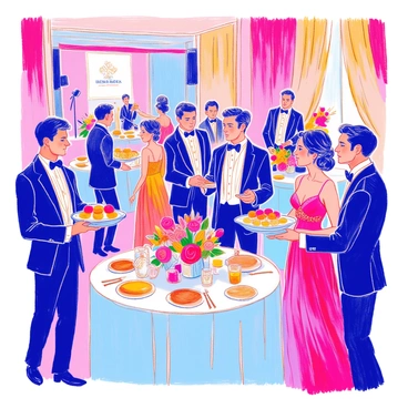 Guests elegantly dressed in formal attire are mingling at a charity gala dinner. Men wear tailored suits with crisp white shirts and elegant ties, while women don luxurious evening gowns with intricate designs. The scene includes small round tables covered with white tablecloths, adorned with floral centerpieces of roses and lilies in various colors. Soft ambient lighting illuminates the room, creating a warm atmosphere. Waitstaff in black suits are serving hors d'oeuvres on silver trays. In the background, a stage is set up for speeches, with a microphone and a banner displaying the charity's logo.