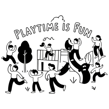 A group of children from diverse backgrounds engaged in play on a playground. One child is on a swing reaching up, while another child is climbing a slide. There are several children playing tag nearby, running on the grass. Various pieces of playground equipment, such as a merry-go-round and a jungle gym, are visible in the scene. The background features trees and a clear sky. The words "Playtime is Fun" are artistically placed above the playground.