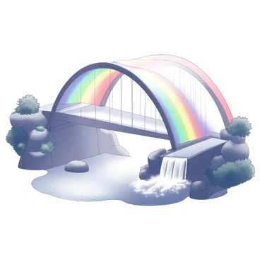 A whimsical bridge made of rainbows arching over a sparkling waterfall