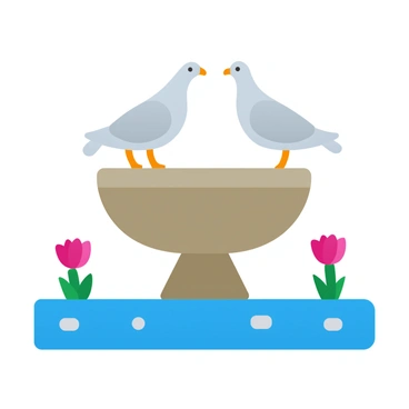 A pair of doves perched on the edge of a stone garden fountain, with water gently flowing from the fountain, surrounded by blooming flowers in various stages of growth.