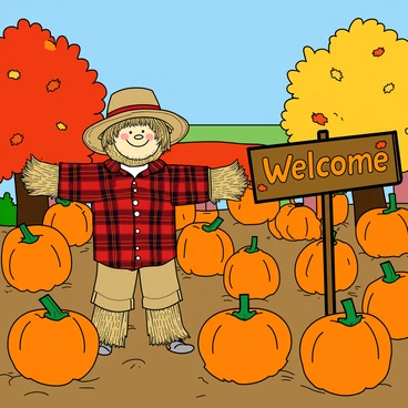 A vibrant autumn harvest scene set in a pumpkin patch. The patch is filled with numerous bright orange pumpkins of varying sizes scattered across the ground, some sitting upright while others are partially buried in the earth. In the center stands a whimsical scarecrow, wearing a straw hat tilted to one side and a plaid flannel shirt, with its arms outstretched in a friendly gesture. The scarecrow has a cheerful face made of burlap, with button eyes and a stitched smile. Next to the scarecrow is a large wooden "Welcome" sign, painted in bright colors and decorated with small autumn leaves. The background features trees with colorful fall foliage, showcasing shades of red, yellow, and orange. A clear blue sky stretches above, completing this lively harvest setting.
