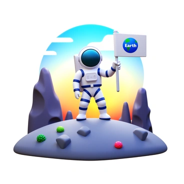 An astronaut action figure wearing a detailed space suit stands confidently on a rocky alien planet. The figure is holding a flag with "Earth" printed on it, the fabric rippling gently in the thin atmosphere. The alien landscape features jagged rocks and unusual formations, with a sky displaying vibrant colors from a distant sun. Small, colorful plants are scattered around the rocky surface, adding a touch of life to the scene.