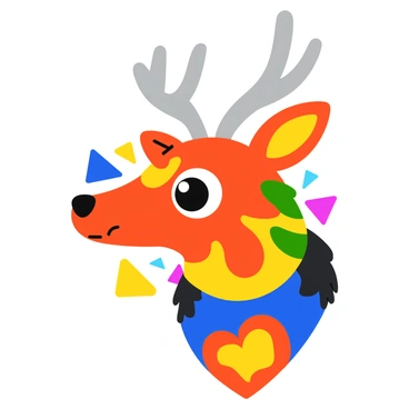 A close-up of a deer's head with large, expressive eyes and prominent antlers. The deer is adorned with bold patterns in a variety of bright colors, including reds, blues, yellows, and greens. Each section of the deer's fur features unique geometric shapes, creating a dynamic and energetic appearance. The background consists of abstract shapes that complement the deer's colors, enhancing the visual impact of the image.