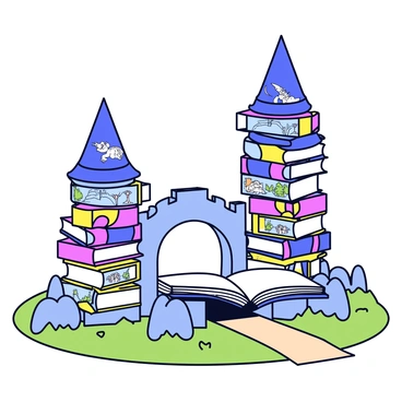A whimsical castle is constructed entirely from large, fantasy-themed books stacked together. Each book has colorful spines, depicting illustrations of dragons, wizards, and enchanted forests. The castle towers have pointed roofs made from open books, with pages fluttering in the imaginary breeze. A drawbridge made of a thick open book leads to the entrance, which is framed by two towering stacks of ancient tomes. In the foreground, a small path made of book pages winds through lush grass.