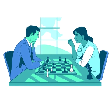 A teal chessboard is set on a polished wooden table, with two players sitting across from each other. On the left, a person wearing a blue suit is focused intently on the game, their brow furrowed in concentration as they contemplate their next move. On the right, an individual in casual attire leans forward, a thoughtful expression on their face as they consider their strategy. The chess pieces, crafted from contrasting materials, have rich details, showcasing a blend of traditional and modern designs. In the background, a window allows natural light to stream in, illuminating the scene and creating an atmosphere of quiet tension and engagement.