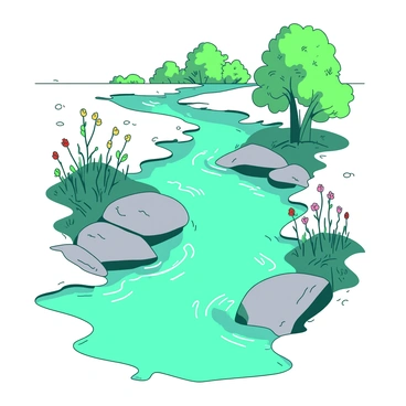 A teal narrow stream is trickling gently over smooth gray stones, reflecting the sunlight as it flows. The stream is surrounded by patches of green grass and budding wildflowers in various colors. Small tufts of white snow are melting at the edges of the stream, indicating the transition from winter to spring. Tiny ripples form across the water's surface as it meanders through the landscape. In the background, there are hints of trees starting to bloom with vibrant green leaves.