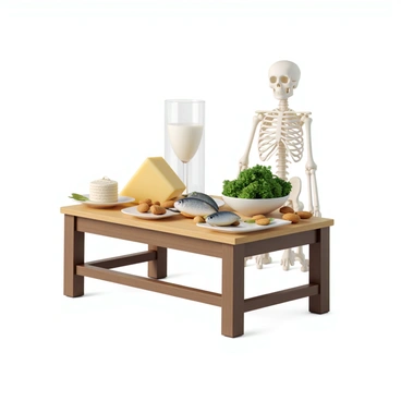 An illustration depicting the importance of calcium for bone health, with foods rich in calcium.