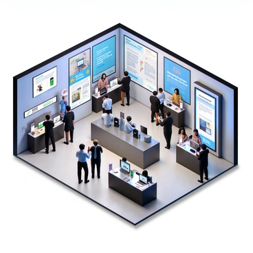 A modern sales floor featuring sleek, polished floors and bright, ambient lighting. The layout includes several interactive kiosks with touch screens, displaying product information and promotions. Sales associates, dressed in professional attire, are engaging with customers, demonstrating products and answering questions. Various display stands showcase the latest technology items, with eye-catching branding and signage. The walls are adorned with large digital screens displaying dynamic advertisements and customer testimonials.