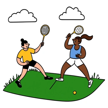 Two best friends playfully competing against each other in a casual badminton match.