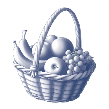 A woven basket filled to the brim with fresh fruits. The basket contains several shiny apples, ripe bananas gently curved, and clusters of grapes resting on top. The fruits are arranged in a way that shows their natural shapes and textures. The basket has a sturdy handle that arches over the top, adding to its fullness. The scene captures a sense of abundance with the fruits appearing plump and inviting.