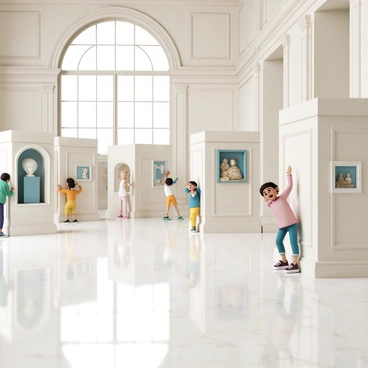 Several children, wearing colorful clothing, are playfully hiding behind large exhibits in a grand museum hall. The hall features high ceilings with ornate moldings and large windows that let in soft natural light. Each exhibit is intricately designed, showcasing artifacts like ancient sculptures and historical paintings. The children peek out from behind the exhibits, giggling and engaging in a game of hide-and-seek. The polished marble floor reflects the impressive architecture of the hall, enhancing the atmosphere of excitement and wonder.