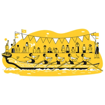 A team of rowers is energetically paddling a long dragon boat during a festival. The boat is adorned with intricate designs and a dragon head at the front. Each rower wears matching uniforms and is focused on their synchronized movements. The water is choppy from their paddling, creating splashes around the boat. Spectators line the banks, cheering and waving flags in excitement. Colorful banners hang in the background, adding to the festive atmosphere. The sky above is clear and bright.