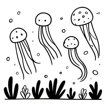 A cartoon family of jellyfish floating gracefully in the water. Each jellyfish has a distinct shape and size, with long, trailing tentacles. Surrounding them are various sea plants and bubbles rising to the surface. The jellyfish have oversized bodies and uniquely patterned bell tops. The scene depicts a sense of harmony as they glide together in the ocean environment.