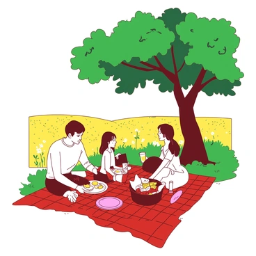 A family is sitting on a red checkered picnic blanket spread out under a large oak tree. The oak tree has broad, lush green leaves providing shade. The family consists of four members: a father, a mother, a young girl, and a teenage boy. The father is pouring lemonade into tall glasses while the mother is unpacking a basket filled with various food items, including sandwiches and fruits. The young girl is playing with a pink frisbee nearby, and the teenage boy is looking at his phone. In the background, a sunny meadow with wildflowers in yellow and white extends towards the horizon.