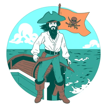 A teal pirate with a tricorn hat is standing confidently at the helm of a ship. The pirate is wearing a white flowing shirt and brown leather boots, with a sword hanging from the belt. The ship's wooden deck is weathered, and a bright orange flag with a skull emblem flutters above. The ocean is choppy, with waves splashing against the hull, while a blue sky filled with fluffy white clouds stretches above. The pirate's hair is tousled by the ocean breeze, and a satisfied grin is visible on their face.