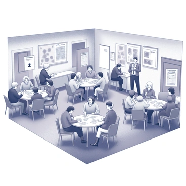 A community clubhouse interior filled with people engaged in a game of bingo. Several tables are arranged throughout the space, each occupied by groups of players, some focused on their bingo cards and others chatting animatedly. The atmosphere is lively, with smiles and laughter evident on the faces of the participants. Various decorations adorn the walls, including cheerful banners and community event posters. A large scoreboard displays the numbers called during the game, while a bingo caller stands at the front, enthusiastically announcing the next number.
