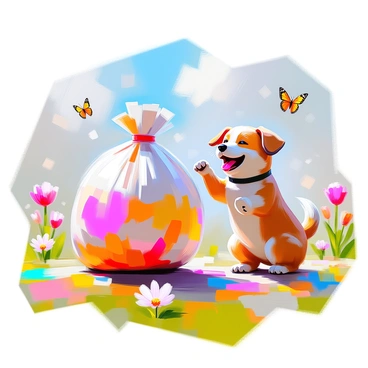 A cartoon animal character, resembling a cheerful dog with fluffy fur and a wagging tail, is playfully punching a large, soft bag that is slightly swaying with each hit. The bag is brightly colored and filled with vibrant patterns. The whimsical setting includes a colorful landscape with oversized flowers, bright green grass, and fluffy clouds in the sky. The dog has an excited expression, with its tongue out and ears perked up, as it engages in this playful activity. Nearby, a few butterflies flit around, adding to the lively atmosphere.