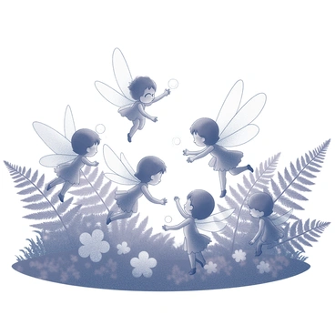 A group of tiny fairies is engaged in playful activity among the ferns. Each fairy has delicate wings that shimmer as they flutter about. The ferns are lush and dense, their fronds creating a green, textured backdrop. The fairies are interacting with one another, some are dancing while others are exchanging small, glowing orbs. The garden is filled with a variety of foliage and flowers, adding to the enchanting atmosphere of the scene.