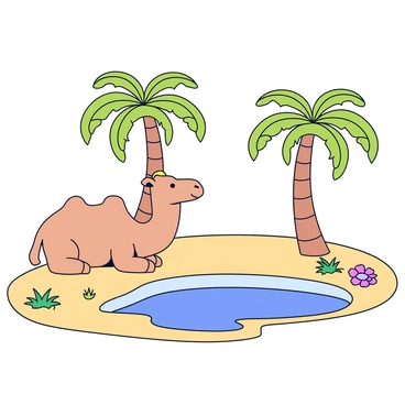 A camel sitting comfortably beside a lush oasis. The camel has a light brown coat and is positioned on the soft, sandy ground. Surrounding the oasis are tall palm trees with green fronds that gently sway in the breeze. The water in the oasis is clear and reflects the sky, creating a serene scene. Small patches of grass and vibrant flowers can be seen near the water's edge, adding color to the landscape.