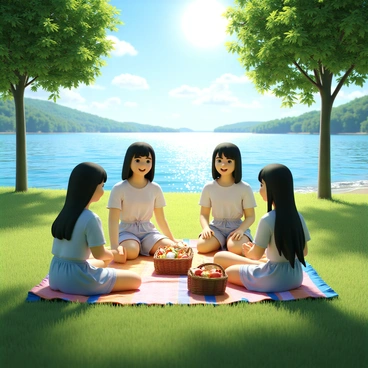 Ichinose is sitting on a colorful picnic blanket spread out on the grass. She has long black hair flowing down her shoulders and is wearing a light blue summer dress. Surrounding her are three friends, each smiling and engaged in conversation. A wicker basket filled with sandwiches, fruits, and snacks is placed beside them. The sun is shining brightly, casting warm light over the scene. In the background, a sparkling lake reflects the sunlight, with gentle waves lapping at the shore. Lush green trees frame the area, providing a sense of nature and tranquility.