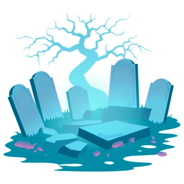 A spooky graveyard shrouded in thick fog. The ground is covered in patches of grass and scattered leaves, enhancing the eerie atmosphere. Ancient headstones in various states of decay are scattered throughout, some leaning at odd angles, with intricate carvings partially worn away by time. Twisted trees with gnarled branches loom in the background, their silhouettes barely visible through the mist. The fog wraps around the scene, obscuring visibility and adding to the haunting mood. A soft, diffused light filters through the trees, casting shadows that dance across the gravestones.