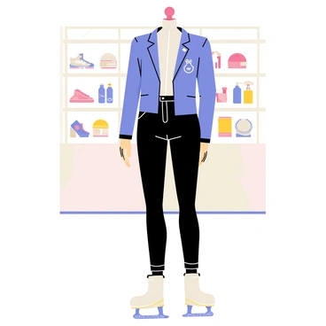 A mannequin wearing a stylish ice skating outfit with a fitted, shimmering blue jacket adorned with silver accents. The jacket is paired with sleek, black leggings that have a subtle texture. The outfit includes a white, high-collared blouse underneath the jacket, adding a touch of elegance. Ice skates with sparkling blades are positioned at the base of the mannequin. The background features shelves filled with various sports equipment and accessories, enhancing the sporty atmosphere of the store.