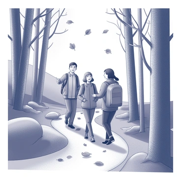 A group of three friends walking along a winding trail in a dense forest. The friends are wearing jackets and backpacks, with one person pointing ahead while another laughs. They are surrounded by a variety of trees with textured bark, and the ground is covered with fallen leaves in different shapes and sizes. Leaves are drifting down from the branches above, creating a dynamic scene of movement in the air. The sky is partly visible through the tree canopy, adding depth to the forest setting.