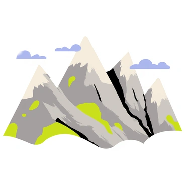 A mountain range with several towering peaks, each capped with gleaming white snow. The rugged terrain below is composed of rocky slopes and patches of green vegetation, contrasting with the bright white of the snow. The scene captures the grandeur of the mountains, with clouds drifting around the highest points, adding a sense of depth to the landscape. The sun is shining, casting soft shadows and highlighting the textures of the rocky surfaces.