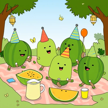 A playful scene of melons dancing happily at a summer party.