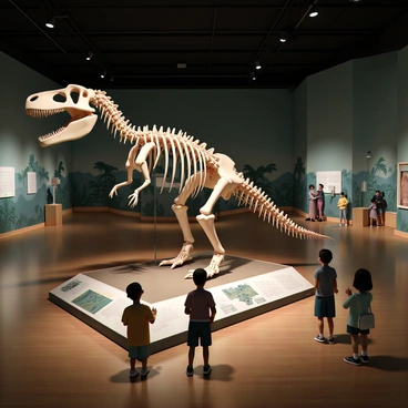 A large dinosaur skeleton, specifically a Tyrannosaurus rex, is prominently displayed in the center of a spacious natural history museum hall. The skeleton is intricately detailed, showcasing all its bones, with a realistic finish that highlights its massive size and fierce structure. Surrounding the dinosaur are informative displays with "fossil facts" and diagrams explaining its biology and behavior. Dim, focused lighting accentuates the skeleton, casting shadows on the polished wooden floor. Visitors, including families and children, are positioned around the exhibit, gazing up in awe and taking photos. The walls of the museum are adorned with prehistoric-themed murals, depicting the dinosaur's natural habitat.