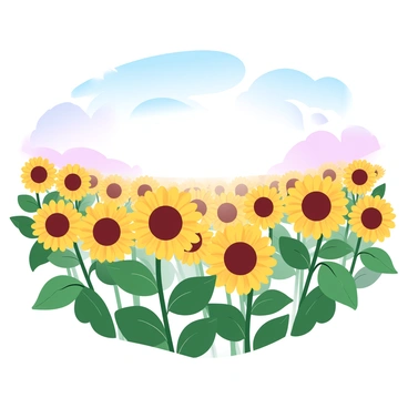 A vast field filled with tall sunflowers, their yellow petals brightly contrasting against the green leaves. Each sunflower is positioned at various angles, all oriented towards the warm sunlight above. The sky is a gradient of pastel colors, transitioning from soft blue to light pink as the sun rises. A gentle breeze causes the sunflowers to sway slightly, creating a dynamic movement throughout the field. In the background, a few fluffy clouds drift lazily across the horizon, adding depth to the scene.