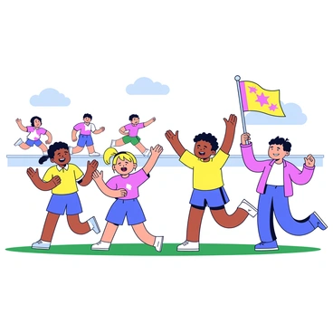 A group of four children cheering enthusiastically. The children are standing in a grassy area, wearing colorful sports uniforms. Two of the children are holding up their hands, clapping, while another is jumping with excitement. The last child is waving a small flag with a bright design. In the background, a relay race is in progress with runners in motion. The atmosphere is lively and filled with energy.