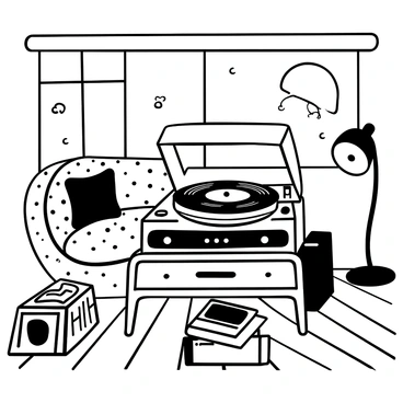 A vintage record player with intricate wooden details is placed on a mid-century modern side table. The vinyl record is spinning with visible grooves, while the needle delicately hovers above it. Surrounding the record player are retro furnishings, including a patterned couch with cushions, a floor lamp with a curved shade, and a small coffee table cluttered with old magazines. A large window lets in light, highlighting dust particles in the air and casting shadows on the wooden floor.