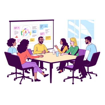 A diverse group of six professionals is seated around a large rectangular table in a modern meeting room. The individuals include a woman with dark curly hair, a man with glasses and a neatly trimmed beard, a woman with straight blonde hair, a man with a shaved head, a woman wearing a hijab, and a man with a medium build and short brown hair. They are engaged in an animated discussion, with some individuals leaning forward enthusiastically. A large whiteboard can be seen in the background, filled with colorful diagrams and notes. The room is well-lit with large windows allowing natural light to flood in, enhancing the contemporary atmosphere.