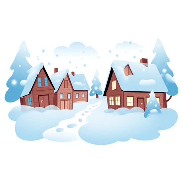 A quaint New England village is blanketed in a thick layer of snow. Charming wooden houses, adorned with twinkling holiday lights, line the snowy streets. Each house features a unique design, with sloped roofs and colorful shutters. Fluffy snow-covered trees stand tall, illuminated by the soft glow of the lights. A peaceful path leads through the village, with footprints imprinted in the snow. Snowflakes gently fall from the sky, adding to the winter wonderland scene.