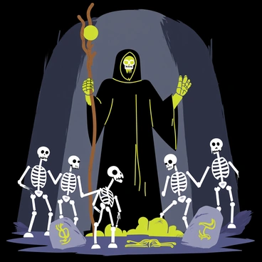 A necromancer with a long, dark robe and a hood stands in the center of a shadowy forest clearing. Around him are several skeletal minions, each with hollow eye sockets and jagged bones, positioned in various poses of servitude. The necromancer raises a gnarled staff topped with a glowing green orb, casting an eerie light that highlights the details of his skeletal followers. Dark mist swirls around the ground, and ancient runes are inscribed on the stones beneath his feet, glowing faintly. The atmosphere is charged with energy as the necromancer chants, invoking the powers of the underworld.