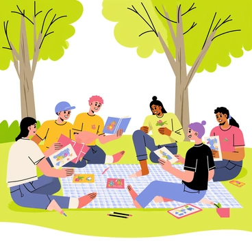 A group of illustrators is gathered in a green park, sitting on a checkered picnic blanket. They are exchanging colorful pieces of artwork, with some illustrations featuring vibrant characters and whimsical scenes. The trees in the background provide shade, their leaves a mix of green hues. Some artists have sketchbooks open, while others hold finished pieces up for discussion. Sunlight filters through the branches, casting playful shadows on the ground. The atmosphere is lively and creative, with a few scattered art supplies like colored pencils and paintbrushes around them.