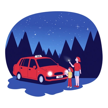 A family taxi parked at a dark spot while passengers gaze at the stars