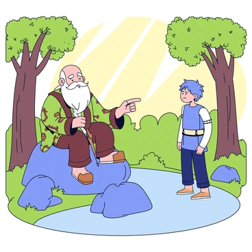 An elderly sage with a long white beard sits cross-legged on a large moss-covered rock. He wears a flowing robe with intricate patterns in shades of green and brown. The sage holds a gnarled wooden staff in one hand, pointing towards the hero standing nearby. The hero, dressed in simple armor, looks attentively at the sage, absorbing his wisdom. Surrounding them is a dense forest filled with tall trees that have thick trunks and vibrant green leaves. Soft beams of sunlight filter through the foliage, illuminating the scene with a warm glow. A small stream flows gently in the background, adding a sense of tranquility to the atmosphere.