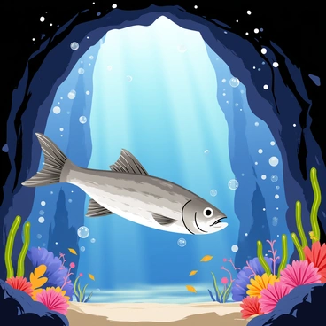 A tarpon with shiny silver scales is swimming gracefully near the entrance of a mysterious underwater cave. The cave has rugged, dark-stone walls adorned with colorful coral and small anemones. Soft beams of light filter through the water, illuminating the entrance and creating a shimmering effect. Bubbles rise around the tarpon as it curiously inspects the cave, and schools of small fish dart in the background, adding to the lively underwater scene.