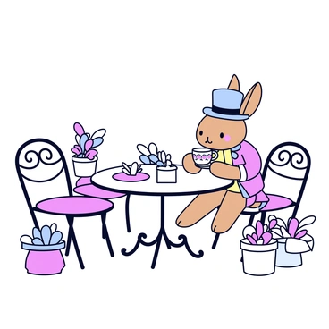 A Victorian rabbit wearing a small top hat and a waistcoat sits at a wrought iron table in a quaint cafe. The rabbit holds a delicate porcelain cup of coffee with intricate patterns. Surrounding the cafe are blooming flower pots, and there are other similar wrought iron tables with empty chairs nearby. The scene is filled with soft colors and gentle lines, showcasing the charm of the setting.