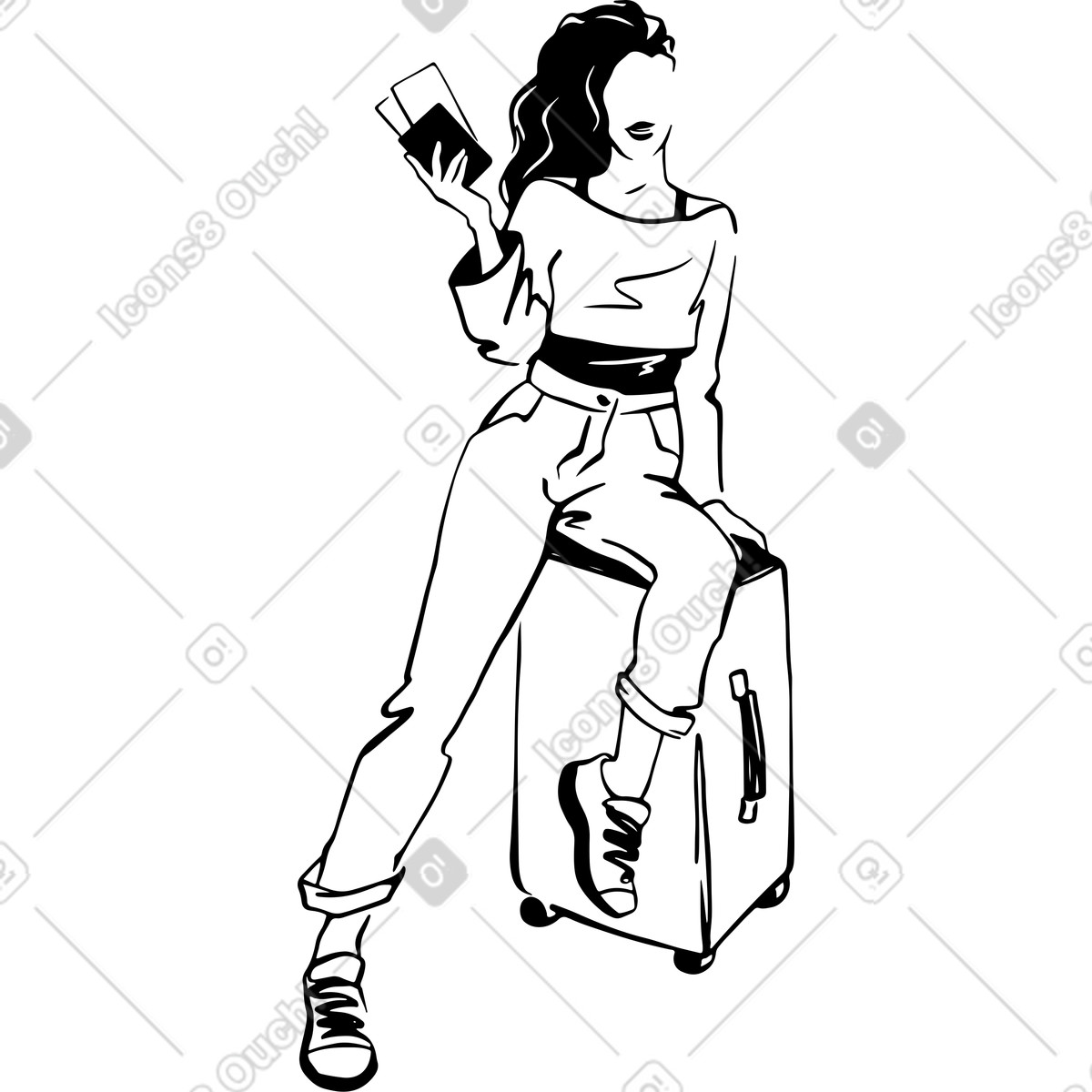 Woman sitting on suitcase holding passport with plane tickets illustration in Line style download in PNG, SVG